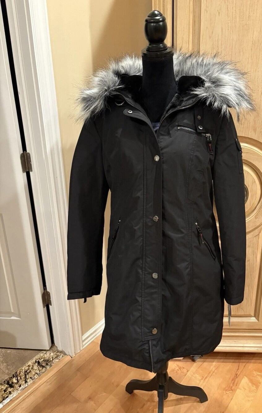 laundry by shelli segal women’s black long hooded coat size XL NWT